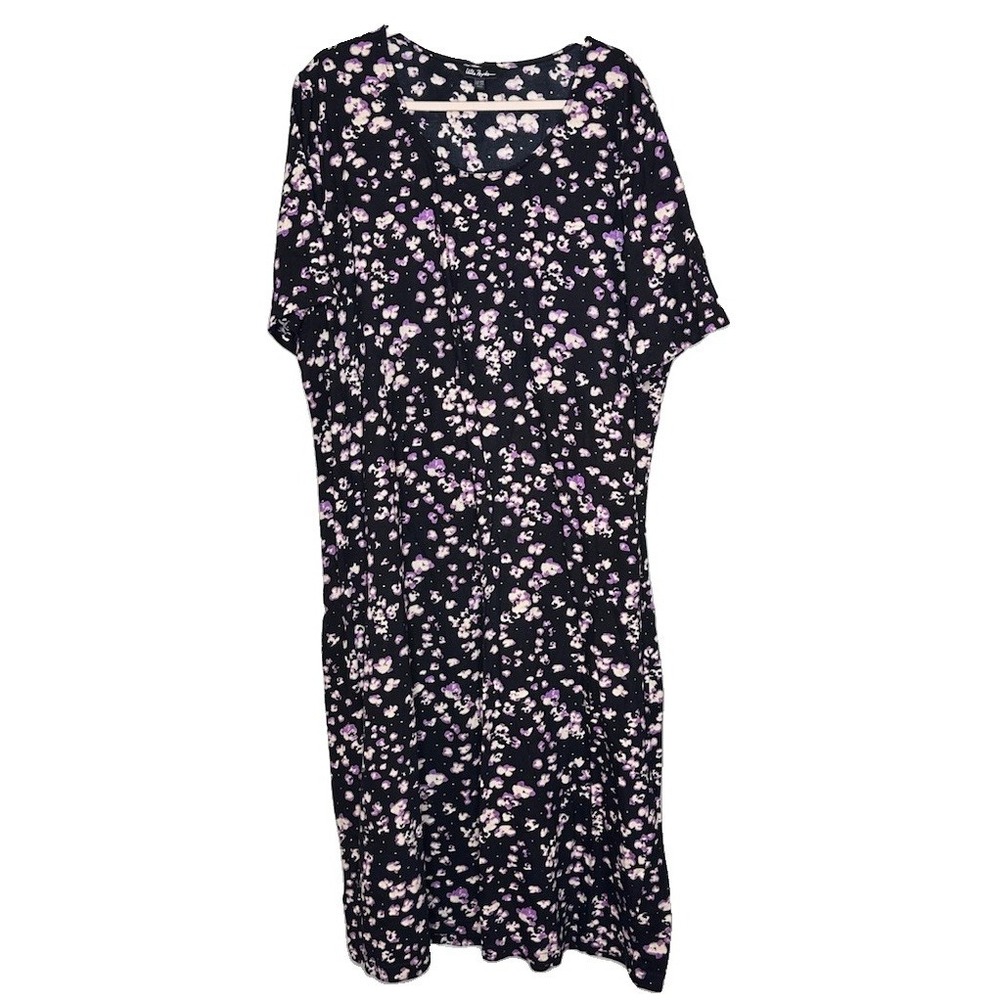 Ulla Popken Size 20/22 Black Ivory Lavender Print Maxi Shift Dress Cotton Modest